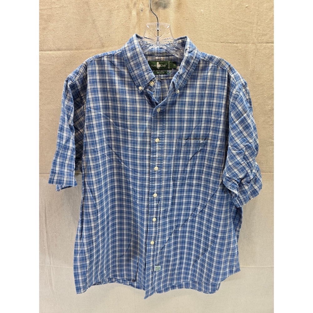 Hunt Club Mens Large Blue White Plaid Short Sleeve Button Down Cotton Shirt